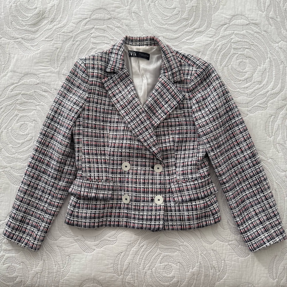 Zara - Textured Double Breasted Tweed Blazer - Blue/White/Red - Picture 4 of 16